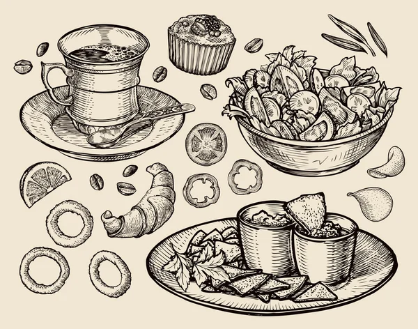 Snabbmat. hand dras kopp kaffe, te, grönsakssallad, nachos, muffin, dessert, croissant, lökringar, tomat. skiss vektor illustration Royaltyfria Stockvektorer