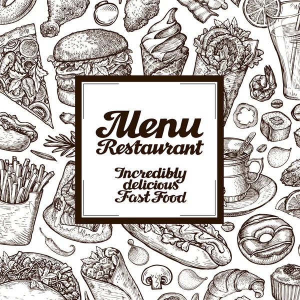 Векторні вінтажні ескізи ілюстрації швидкого харчування. дизайнерські обкладинки меню для ресторану або кафе — стоковий вектор