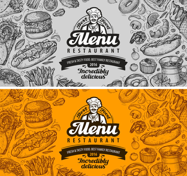 restaurant cafe menu template design. hand drawn sketches of food