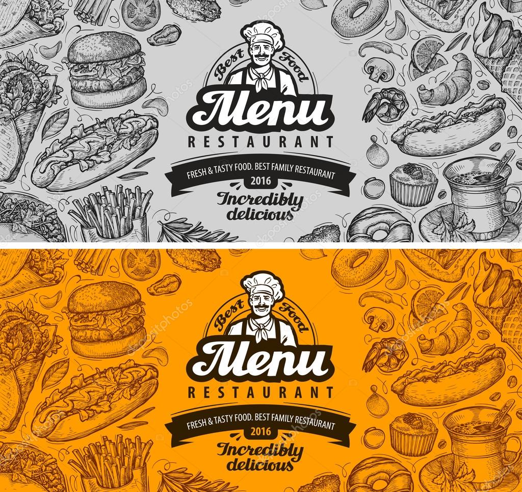 Restaurant cafe menu template design. hand drawn sketches of food