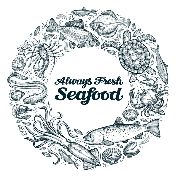 Makanan laut. menu restoran atau templat desain kafe. sketsa makanan - Stok Vektor