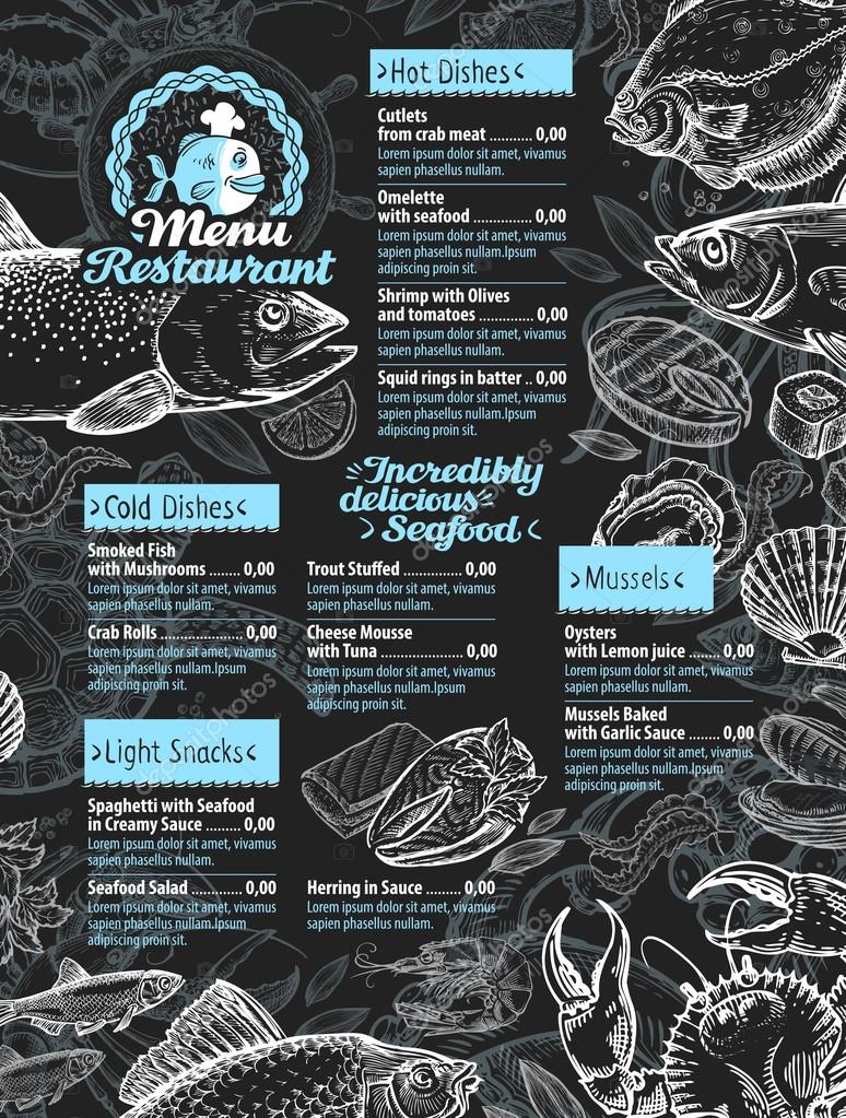 Seafood. restaurant menu or cafe design template. hand drawn seafood