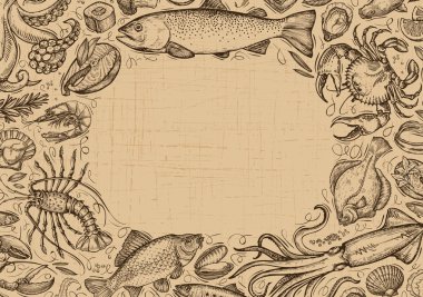 Vektör vintage deniz ürünleri. Şablon tasarım menü restoran veya Cafe