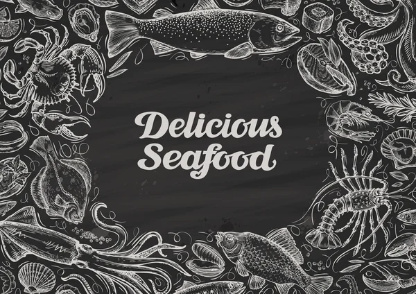 Deliciosos frutos do mar. comida desenhada à mão em chalkboard. modelo de menu de design restaurante ou café —  Vetores de Stock