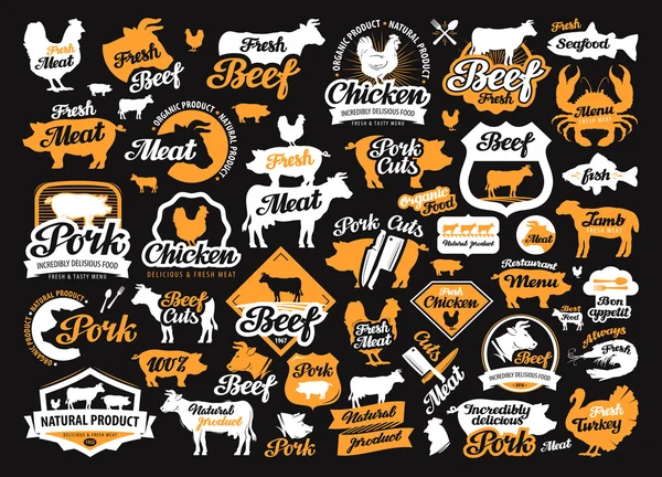 Vector set of food, meat labels, logos, icons and design elements — Stock Vector