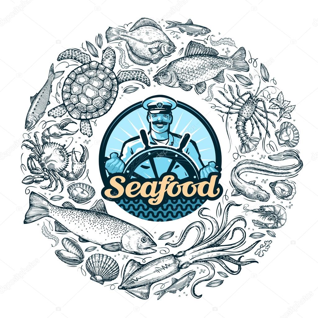 Hand drawn seafood or food. vector illustration
