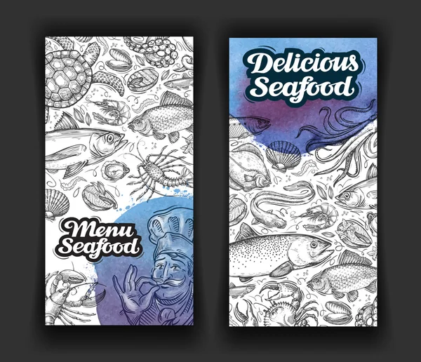 Frutos do mar. modelo de menu de design restaurante ou restaurante. alimentos desenhados à mão — Vetor de Stock