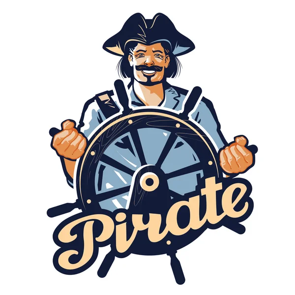 Vrolijke piraat aan het roer van het schip. vectorillustratie — Stockvector