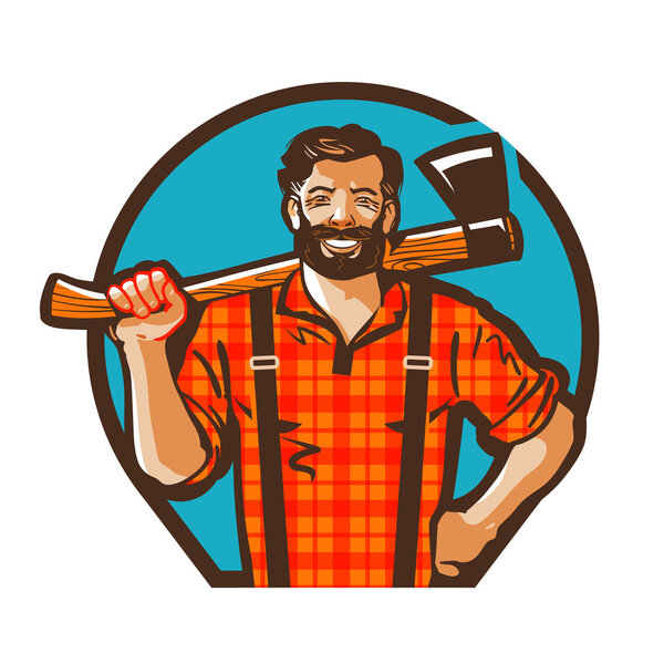 Cartoon lumberjack holding an axe. Vector illustration