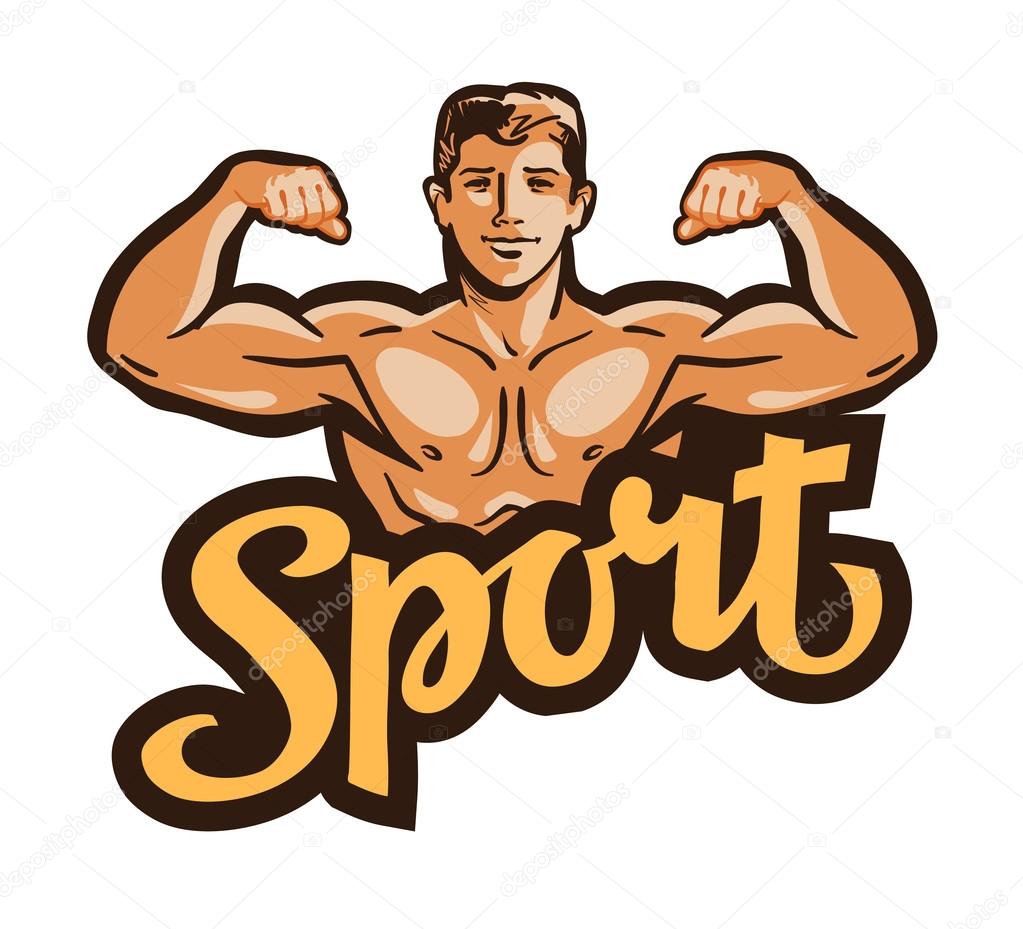 Strong muscular man flexes hands. vector illustration