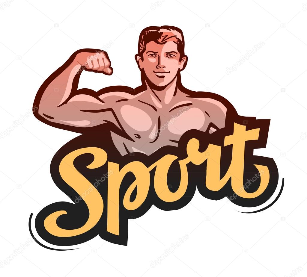 Sport or gym. bodybuilder bends arm. vector illustration