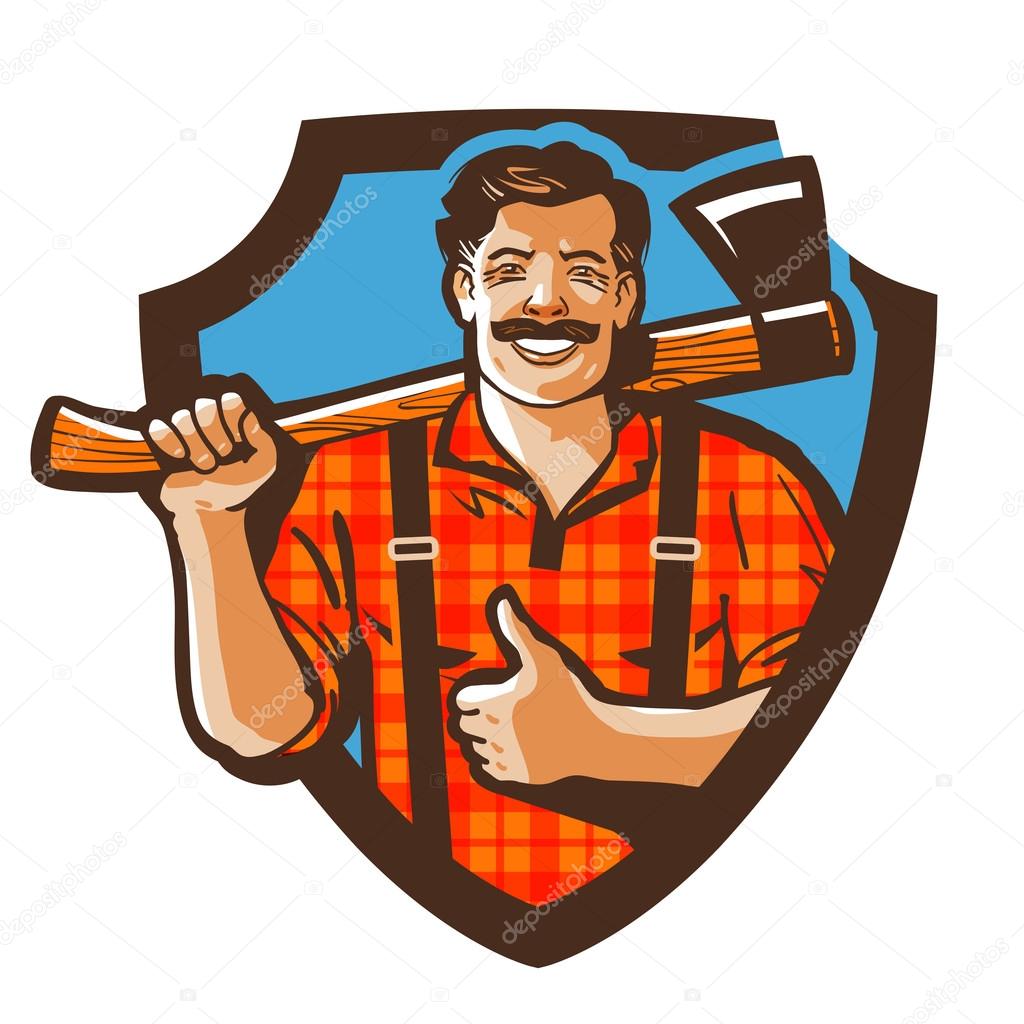Bearded canadian woodcutter with axe in plaid shirt