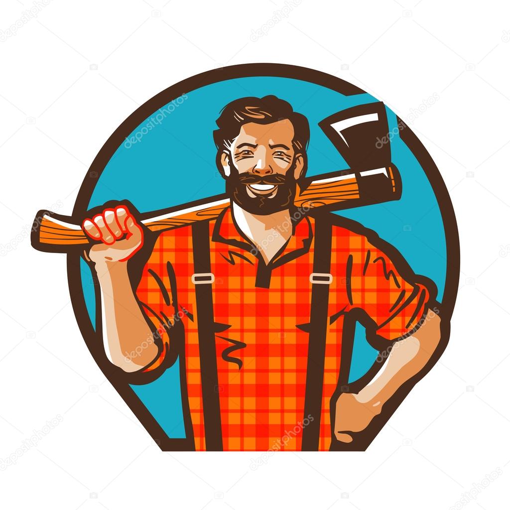 Cartoon lumberjack holding an axe. Vector illustration