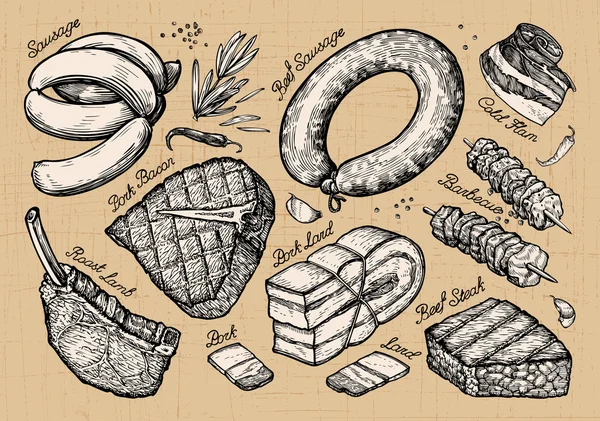 Fleisch, Essen. Skizzenelemente von Hand gezeichnet. Vektorillustration — Stockvektor