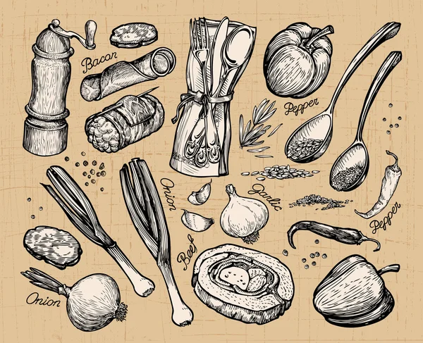 Cocina, comida. conjunto de elementos para menú de restaurante o cafetería. Ilustración vectorial — Vector de stock
