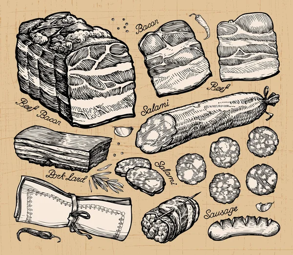 Köttmarknaden. handritade skisser av mat. vektor illustration — Stock vektor