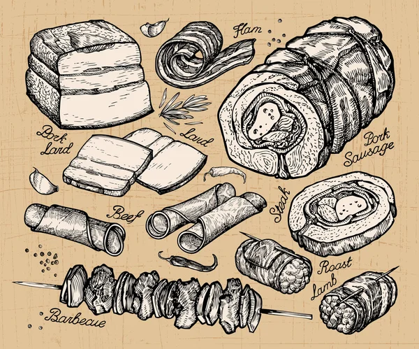 Carnicería, carne. bocetos dibujados a mano de la comida. ilustración vectorial — Vector de stock