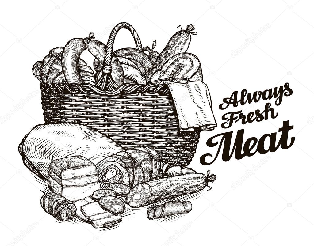 Meat products. hand drawn sketches of food. vector illustration