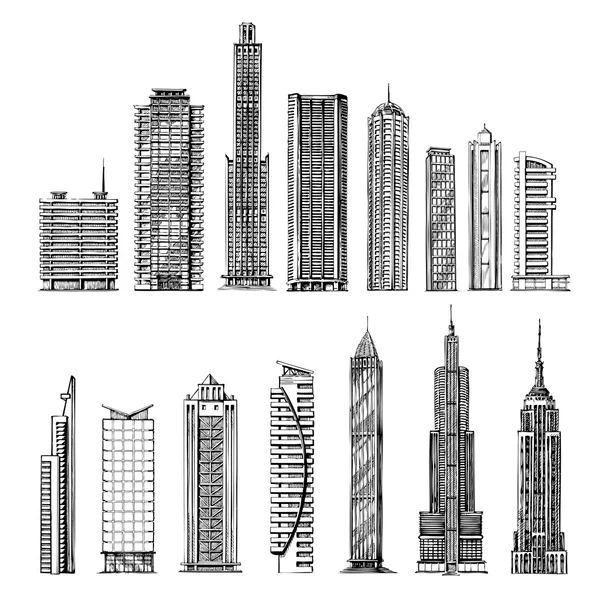 Stadt. Handgezeichnete Skizzen von Wolkenkratzern. Vektorillustration — Stockvektor