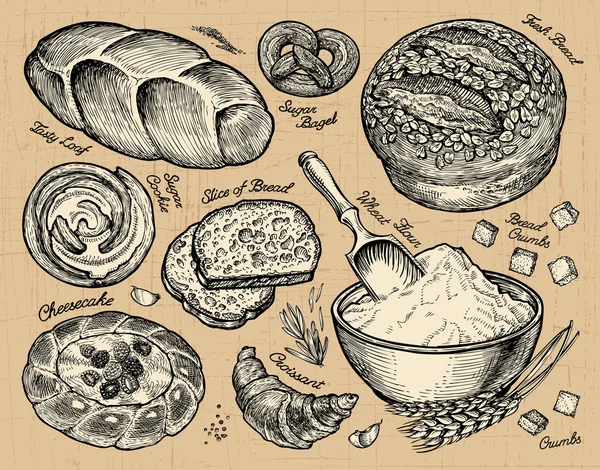 Vintage hand getrokken schets bakkerij, brood en gebak. Vectorillustratie — Stockvector