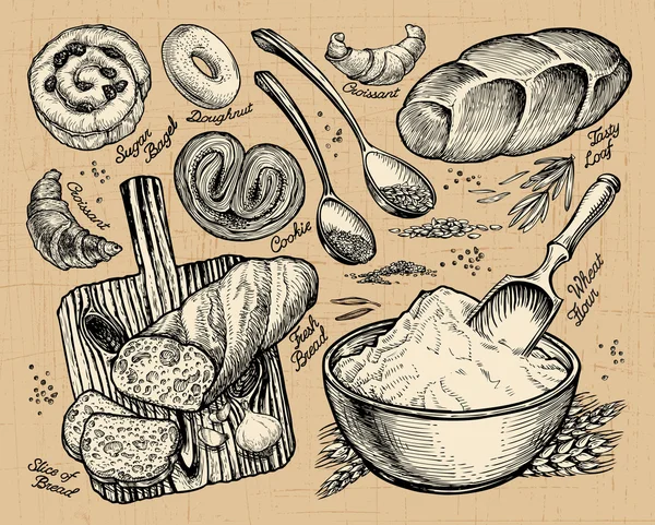 Bäckerei, Brot. handgezeichnete Skizzen von Lebensmitteln. Vektorillustration — Stockvektor