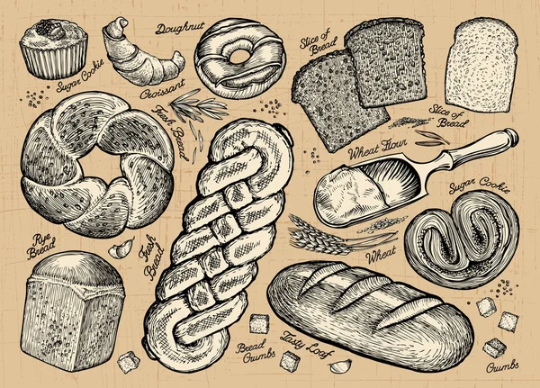 Conjunto de pães e produtos de padaria. Ilustração vetorial —  Vetores de Stock