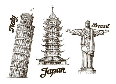 Seyahat. Elle çizilmiş kroki İtalya, Japonya, Brezilya. Vektör çizim