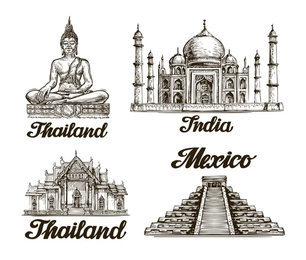 Viajar. Bosquejo dibujado a mano de la India, Tailandia, México. Ilustración vectorial — Archivo Imágenes Vectoriales