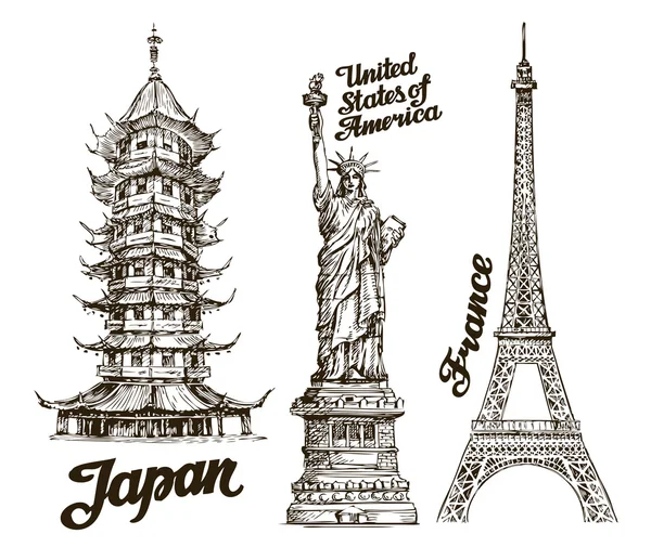 Travel. Hand drawn sketch Japan, USA, France. Vector illustration — Stock Vector