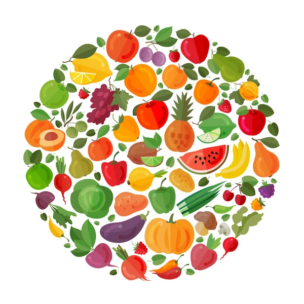 Фруктово-овощной векторный круг на белом фоне. Здоровое питание. Плоские иллюстрации — стоковый вектор