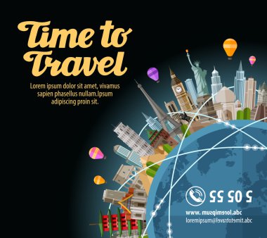 Dünya gezisi. Dünya üzerinde yerler. Yolculuk, seyahat. Vektör çizim