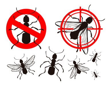 pest control, ant icons set. insects. prohibitory sign and a target. vector illustration clipart