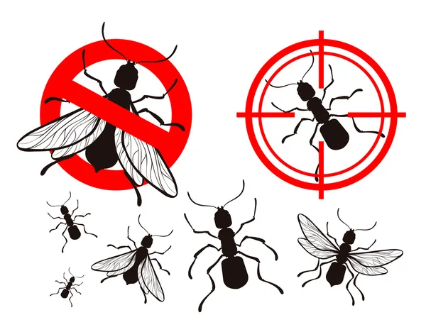 Termitas o hormigas. conjunto de iconos de control de plagas. insectos vectores. signo de prohibición y un objetivo — Vector de stock