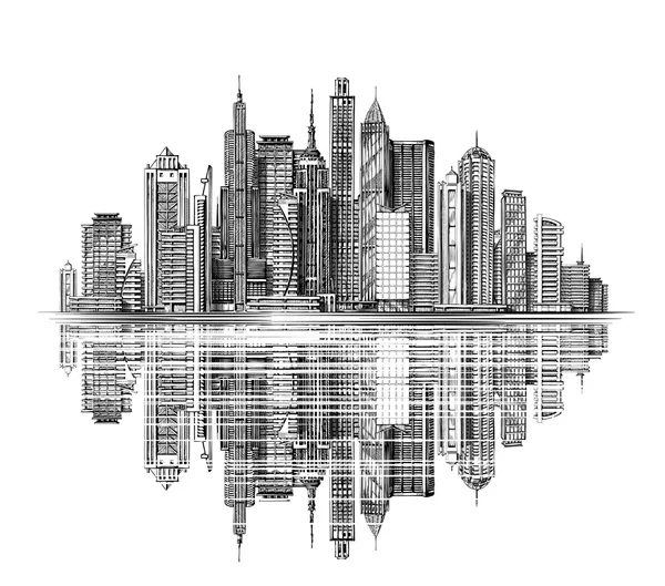 Nowoczesny City Skyline sylwetka wektor. Architektura i budynków. Ręcznie rysowane krajobraz miejski szkicu. Podróże i turystyka koncepcja biznesowa z nowoczesnych budynków — Wektor stockowy