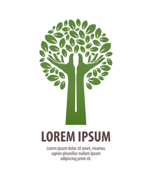 Árbol hecho de manos y hojas. Logo de la naturaleza o ecología. Protección del medio ambiente, conservación de la naturaleza, orgánico, icono ecológico, símbolo — Archivo Imágenes Vectoriales