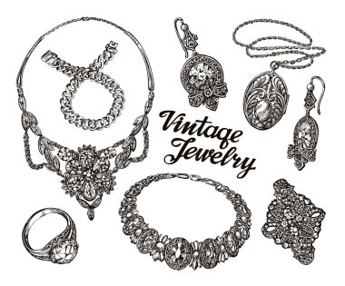 Elle çizilmiş kroki koleksiyonu vintage takı. Altın ve mücevher. Mücevher dükkanı veya rehin Dükkanı vektör çizim