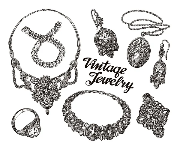 Colección de bocetos dibujados a mano Joyería vintage. Oro y gemas. Joyería o tienda de empeño vector ilustración — Vector de stock