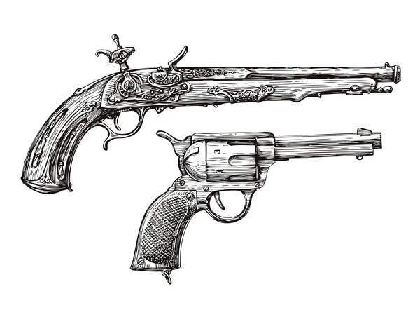 Вінтажний пістолет. Ретро Пістолет, Мускет. Малюнок ручної роботи револьвера, зброї, вогнепальної зброї — стоковий вектор
