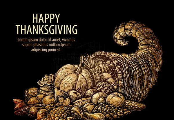 Joyeux Thanksgiving. Une corne d'abondance. Cornucopia aux fruits et légumes — Image vectorielle