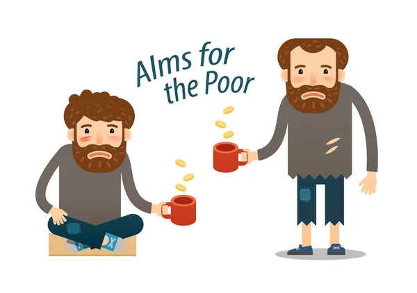 Street beggar, homeless. hungry man asks for money with a mug in hand. charitable donation — Stock Vector