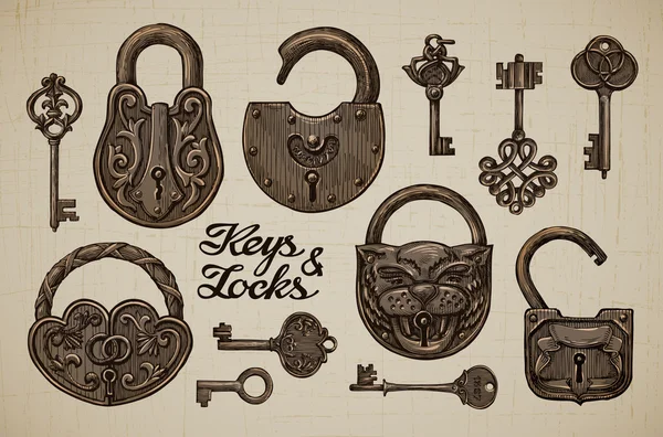 Clés et serrures vintage. Cadenas ouvert et fermé. Secret ou mystère. Collection d'objets vectoriels rétro dessinés à la main — Image vectorielle