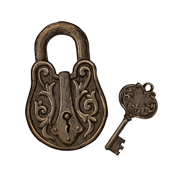 Cadenas vintage et clé. secret, mystère, login, utilisateur id vecteur illustration — Image vectorielle