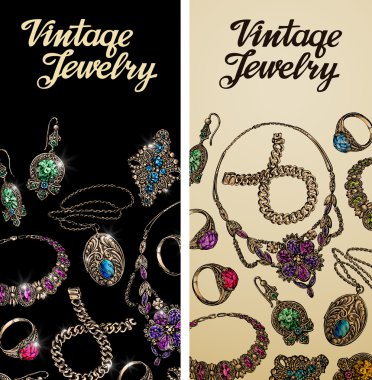 Vintage takı. Değerli metal, altın, gümüş ve değerli taşlar. Vektör çizim
