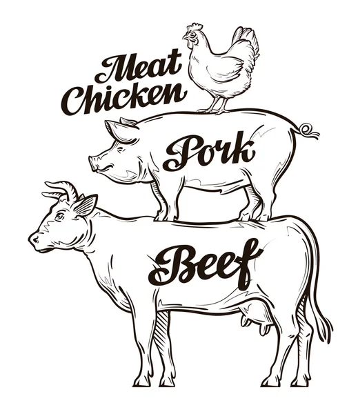 Farma, chov zvířat, chov skotu, chov hospodářských zvířat. Hovězí, vepřové a kuřecí maso. Kráva, prase, kohouta vektorové ilustrace — Stockový vektor