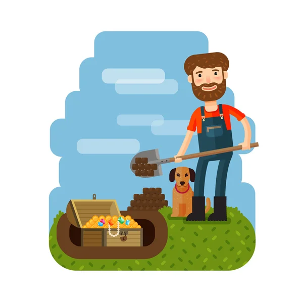 Treasure hunter, archaeologist, archeologist. Downshifter. Unexpected discovery vector illustration — Stock Vector