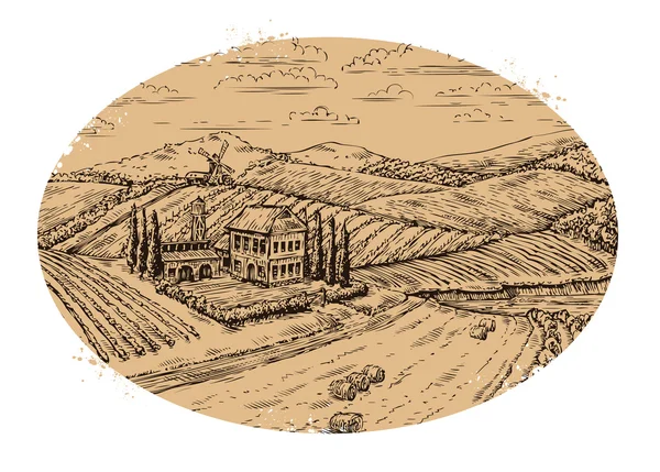 ブドウ畑の風景です。レトロなラベルです。手描きの背景ヴィンテージ ファーム、農業 — ストックベクタ