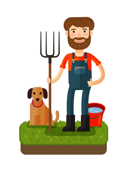 Happy farmer with a pitchfork. Vector icon. Cartoon illustration — Stock Vector