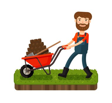 Mutlu çiftçi kara toprağı ile bir kart bastırmak. Çizgi film vektör çizim