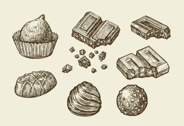 Çikolata. El çizilmiş kroki tatlılar, karamel, şeker, bonbon, sweetmeat. Vektör çizim