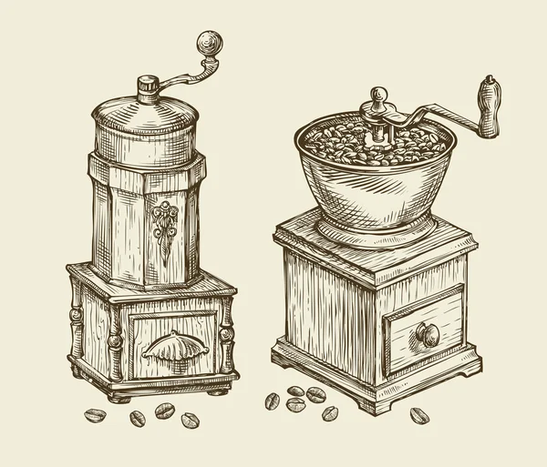 Vintage koffiemolen. Hand getrokken schets warme drank, retro-object. Vectorillustratie — Stockvector